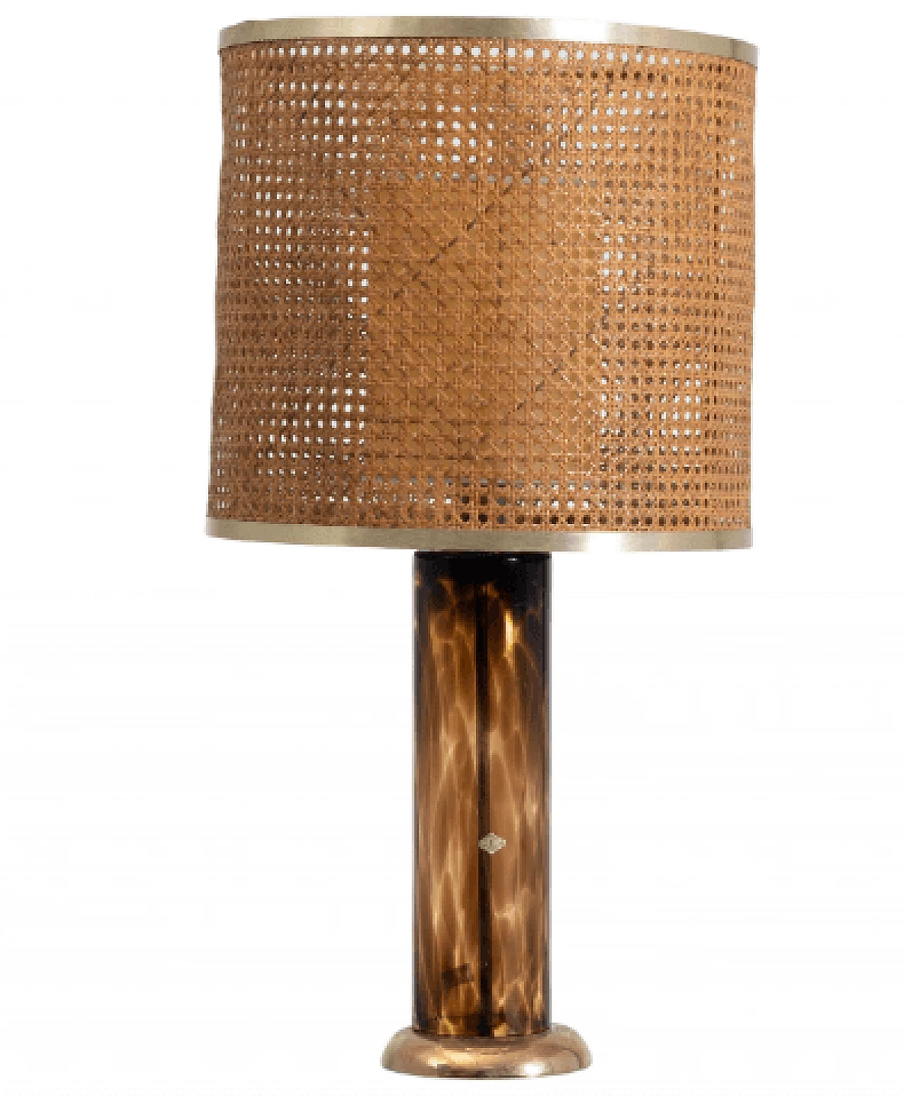 Lampada da tavolo in ottone, vetro tartarugato e paglia di Vienna, anni '70 1