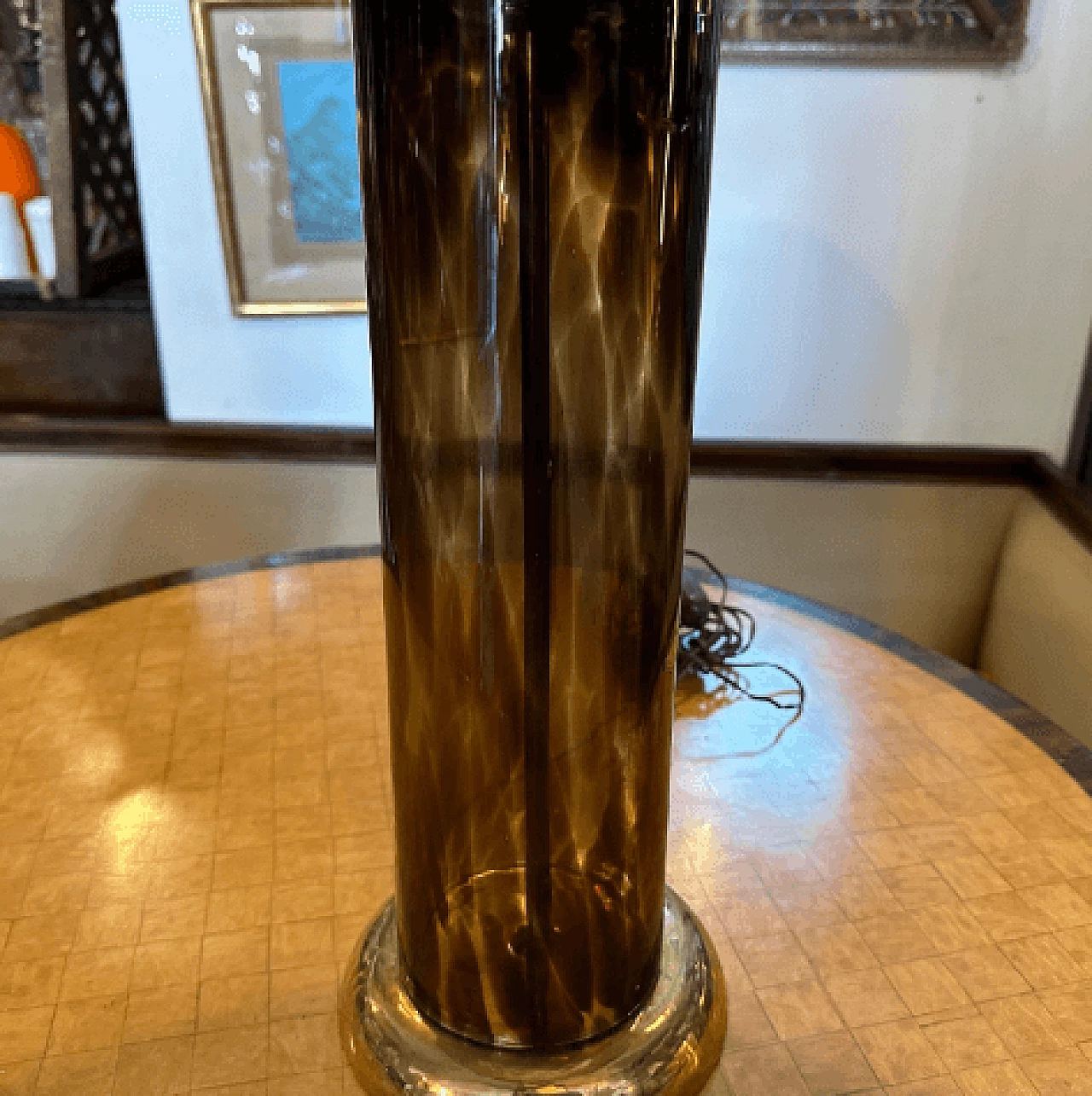 Lampada da tavolo in ottone, vetro tartarugato e paglia di Vienna, anni '70 6