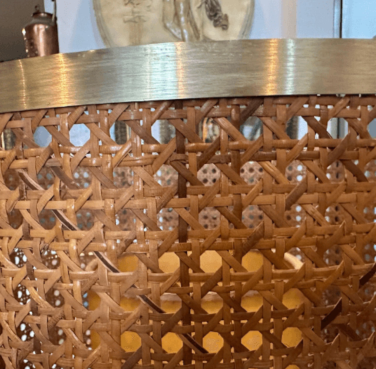 Lampada da tavolo in ottone, vetro tartarugato e paglia di Vienna, anni '70 9