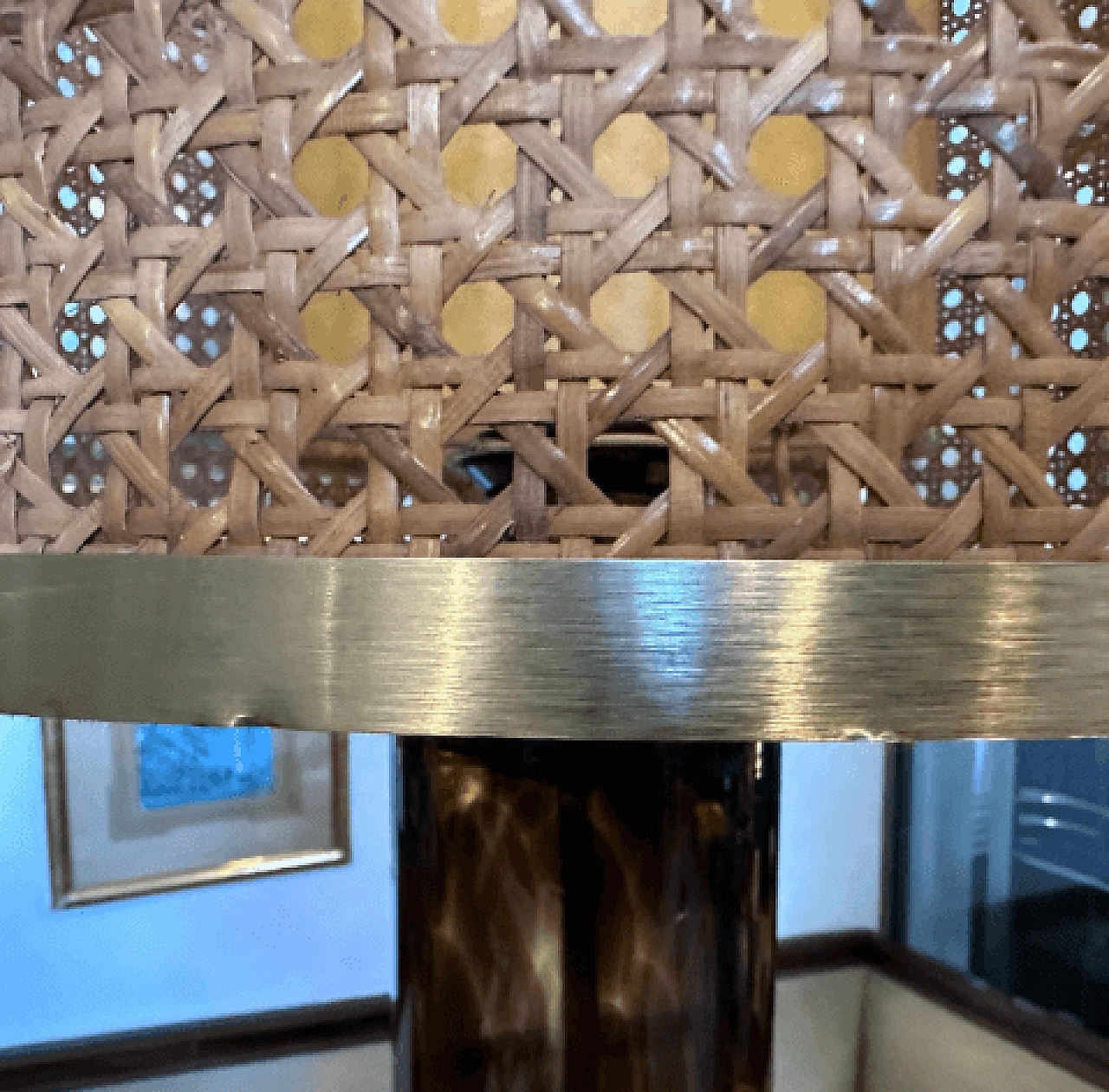 Lampada da tavolo in ottone, vetro tartarugato e paglia di Vienna, anni '70 16