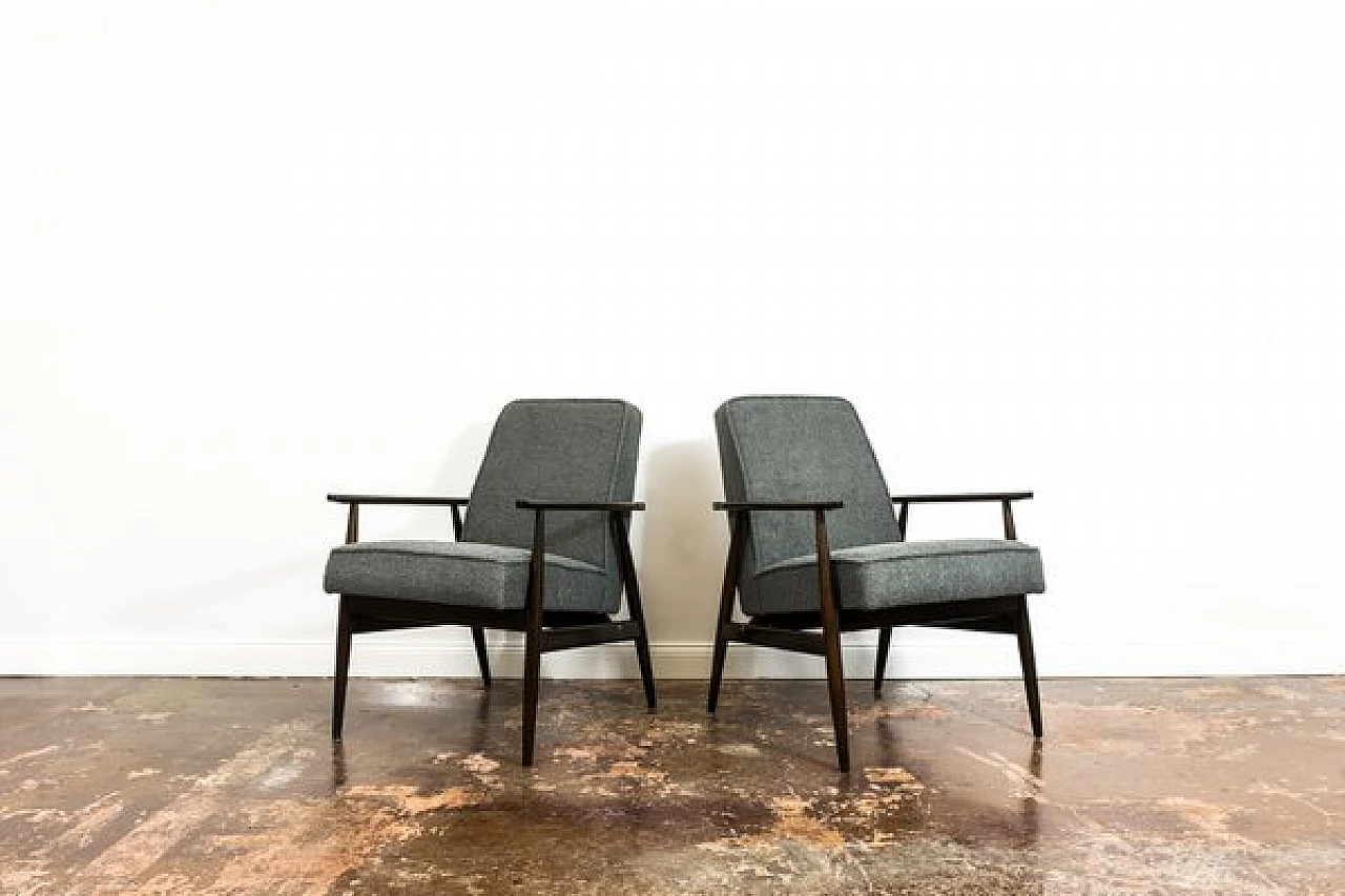 Pair of beech and grey fabric armchairs by H. Lis, 1960s 1