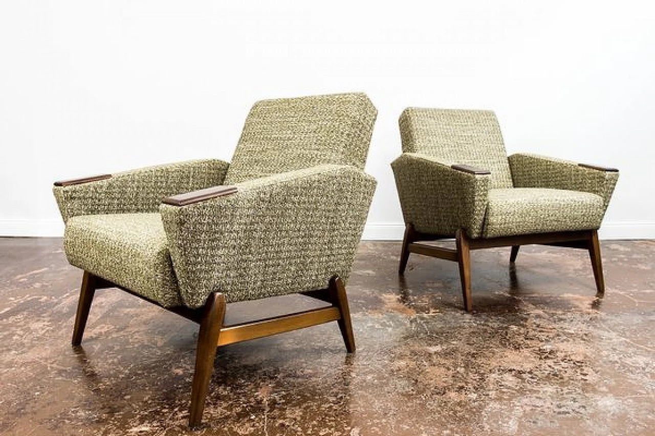 Pair of Danish wood and green fabric armchairs, 1960s 1