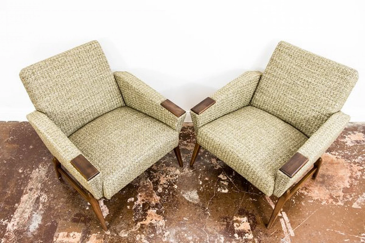 Pair of Danish wood and green fabric armchairs, 1960s 4