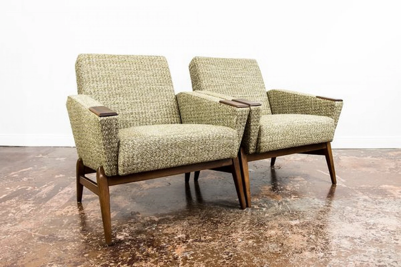Pair of Danish wood and green fabric armchairs, 1960s 5