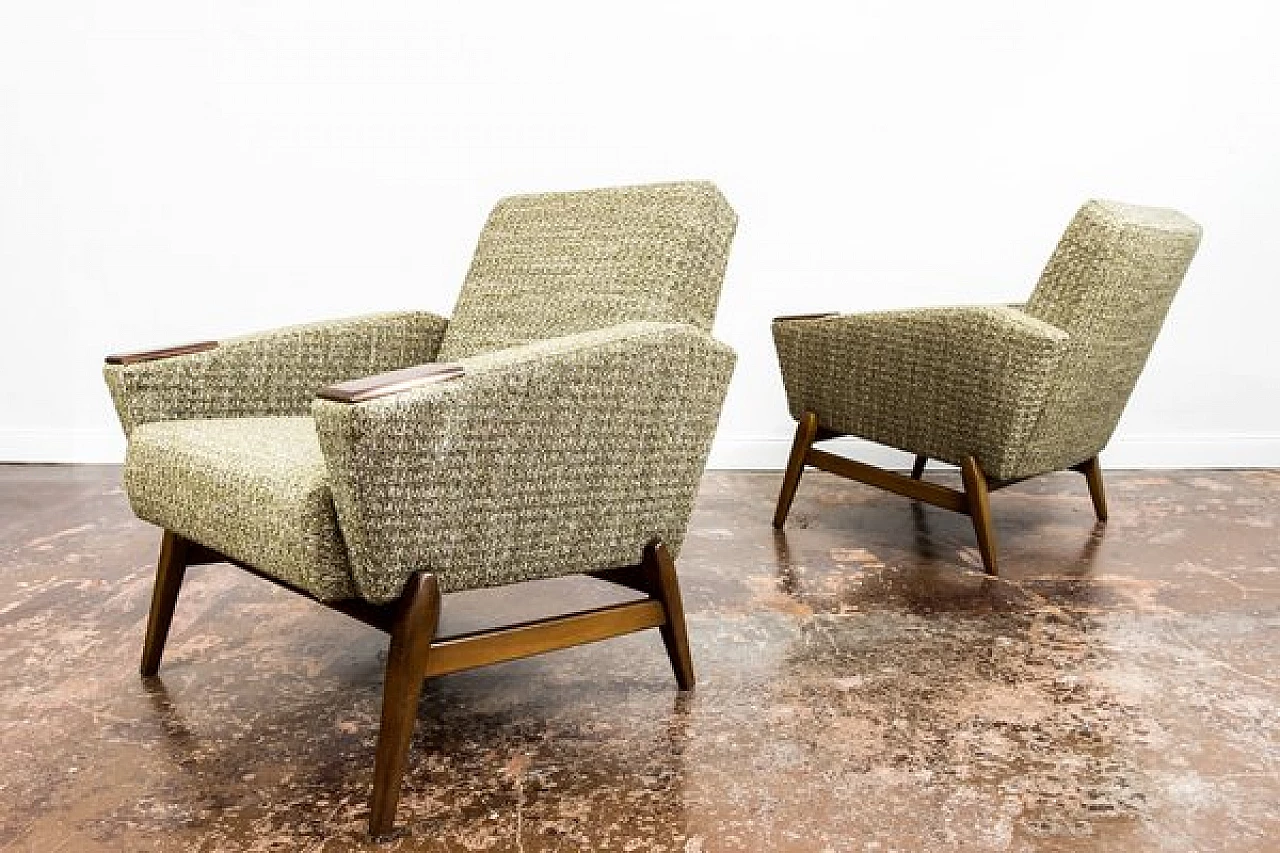Pair of Danish wood and green fabric armchairs, 1960s 7