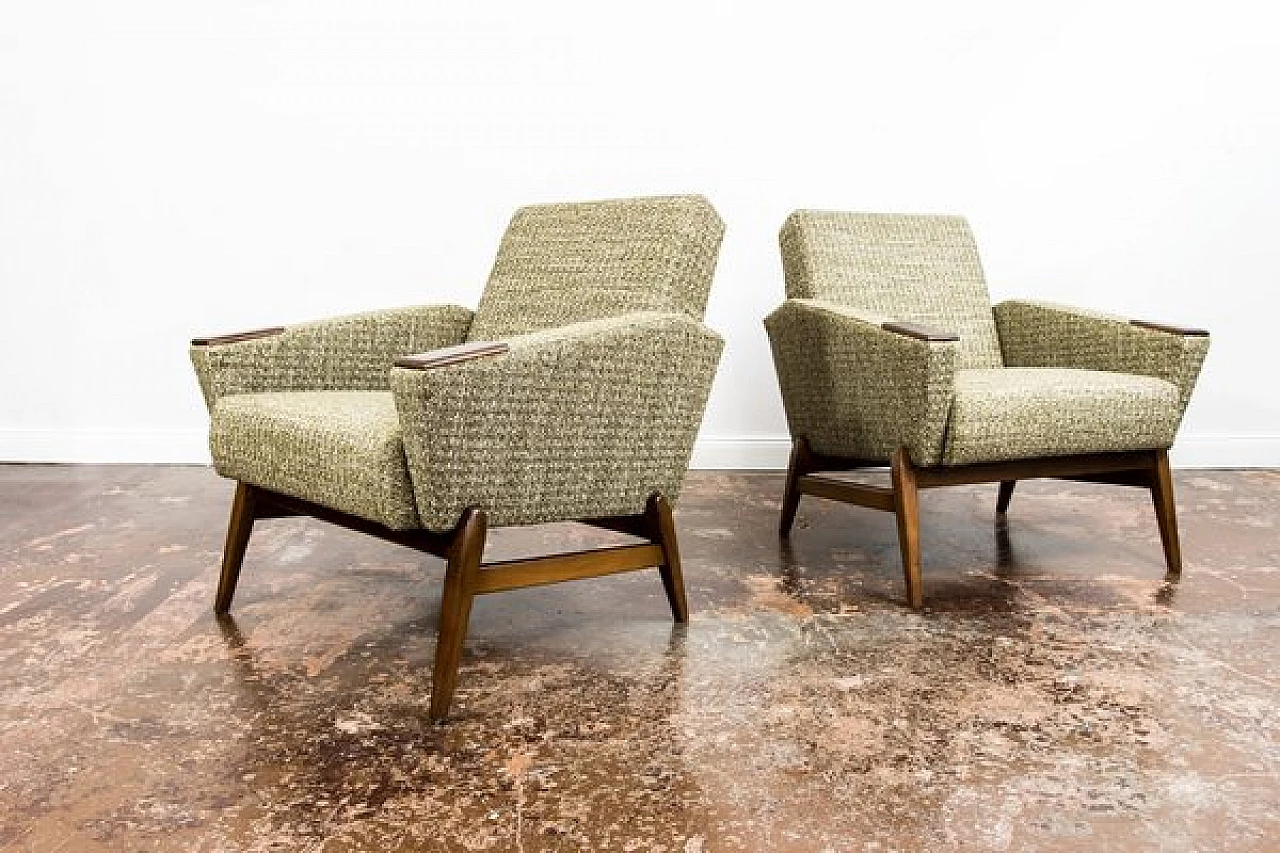Pair of Danish wood and green fabric armchairs, 1960s 9