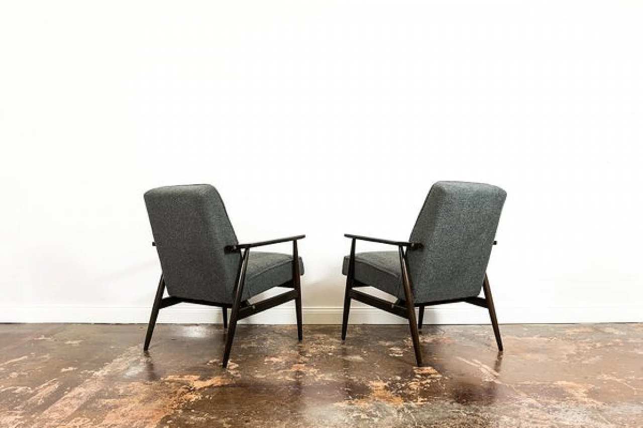 Pair of beech and grey fabric armchairs by H. Lis, 1960s 12