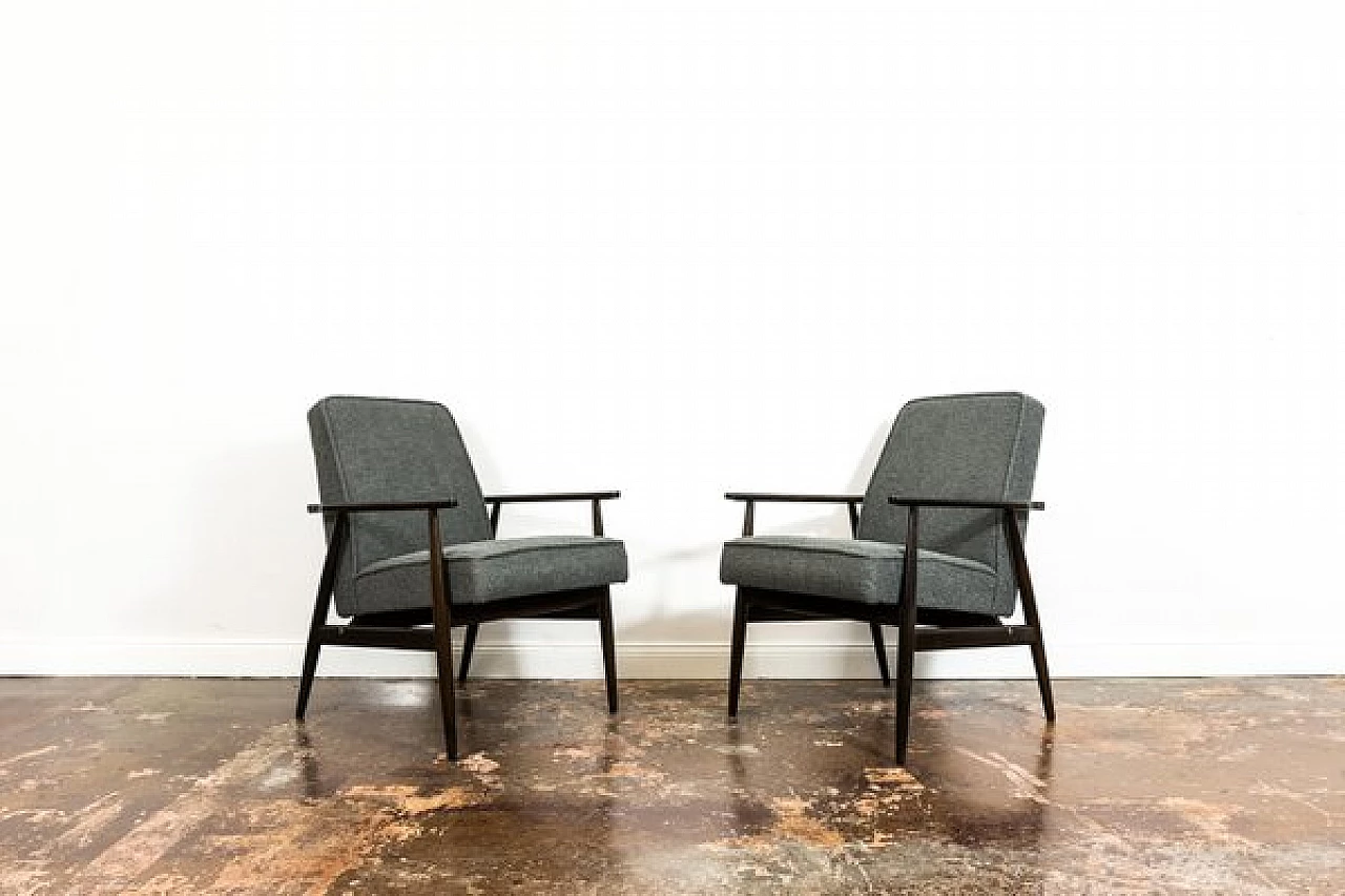 Pair of beech and grey fabric armchairs by H. Lis, 1960s 16
