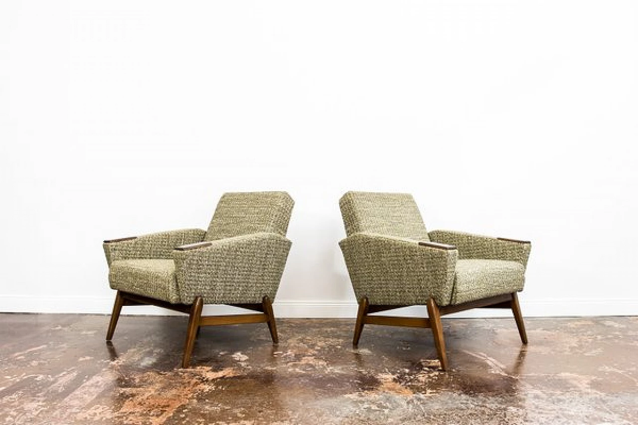 Pair of Danish wood and green fabric armchairs, 1960s 17