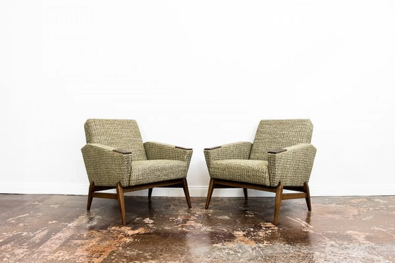 Pair of Danish wood and green fabric armchairs, 1960s 23