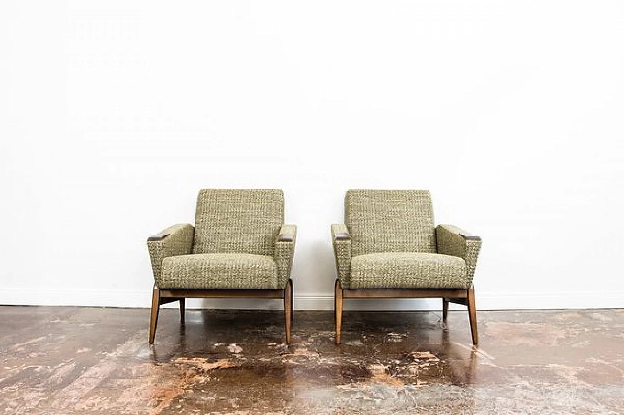 Pair of Danish wood and green fabric armchairs, 1960s 24