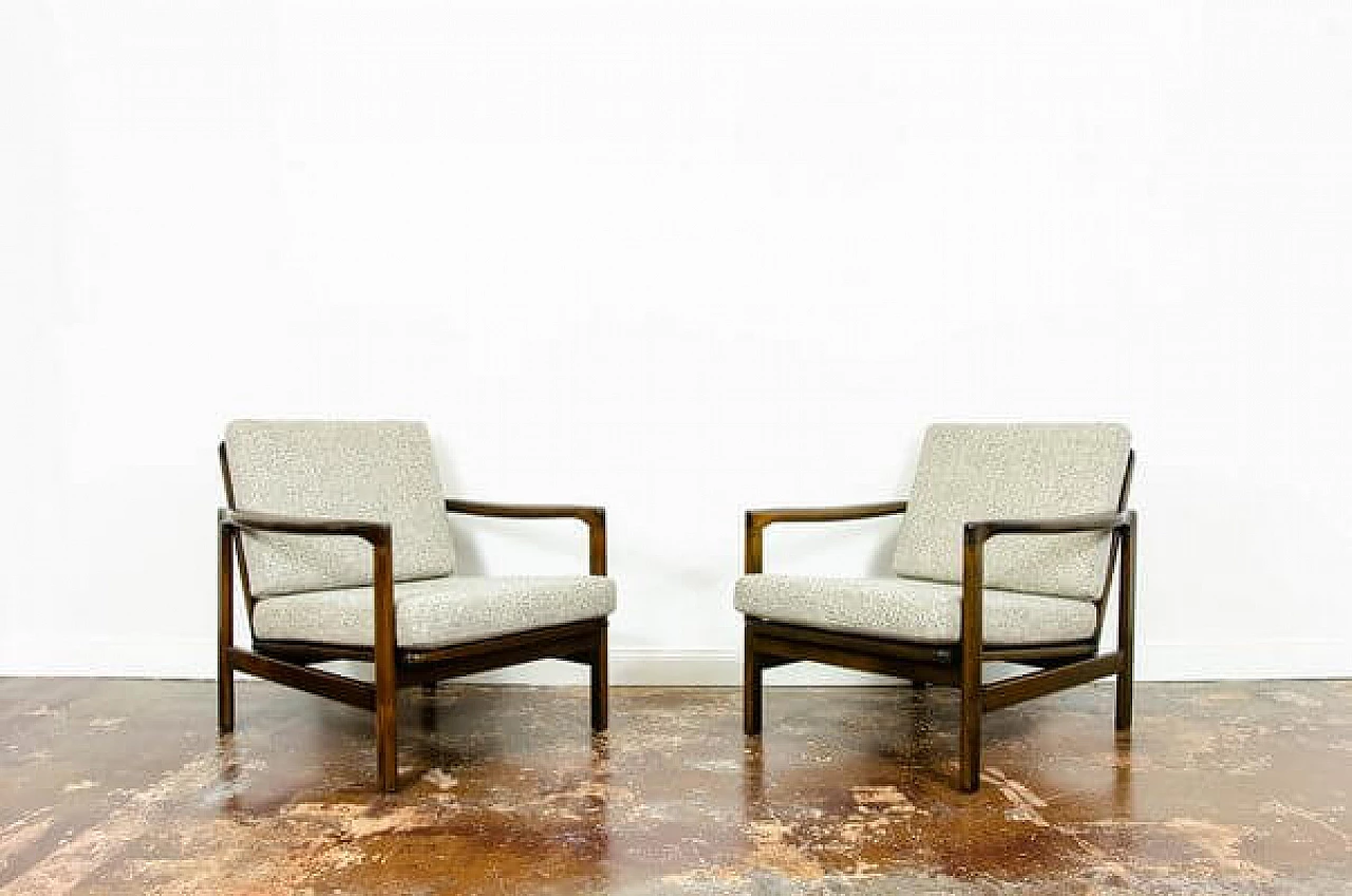 Pair of beech and beige fabric B 7522 armchairs by Zenon Bączyk for SFM, 1960s 1