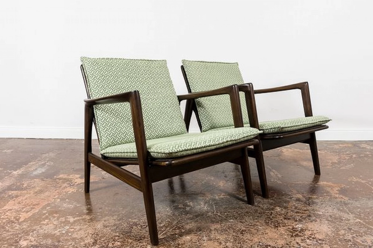 Pair of beech and fabric 300 130 armchairs by SFM, 1960s 4