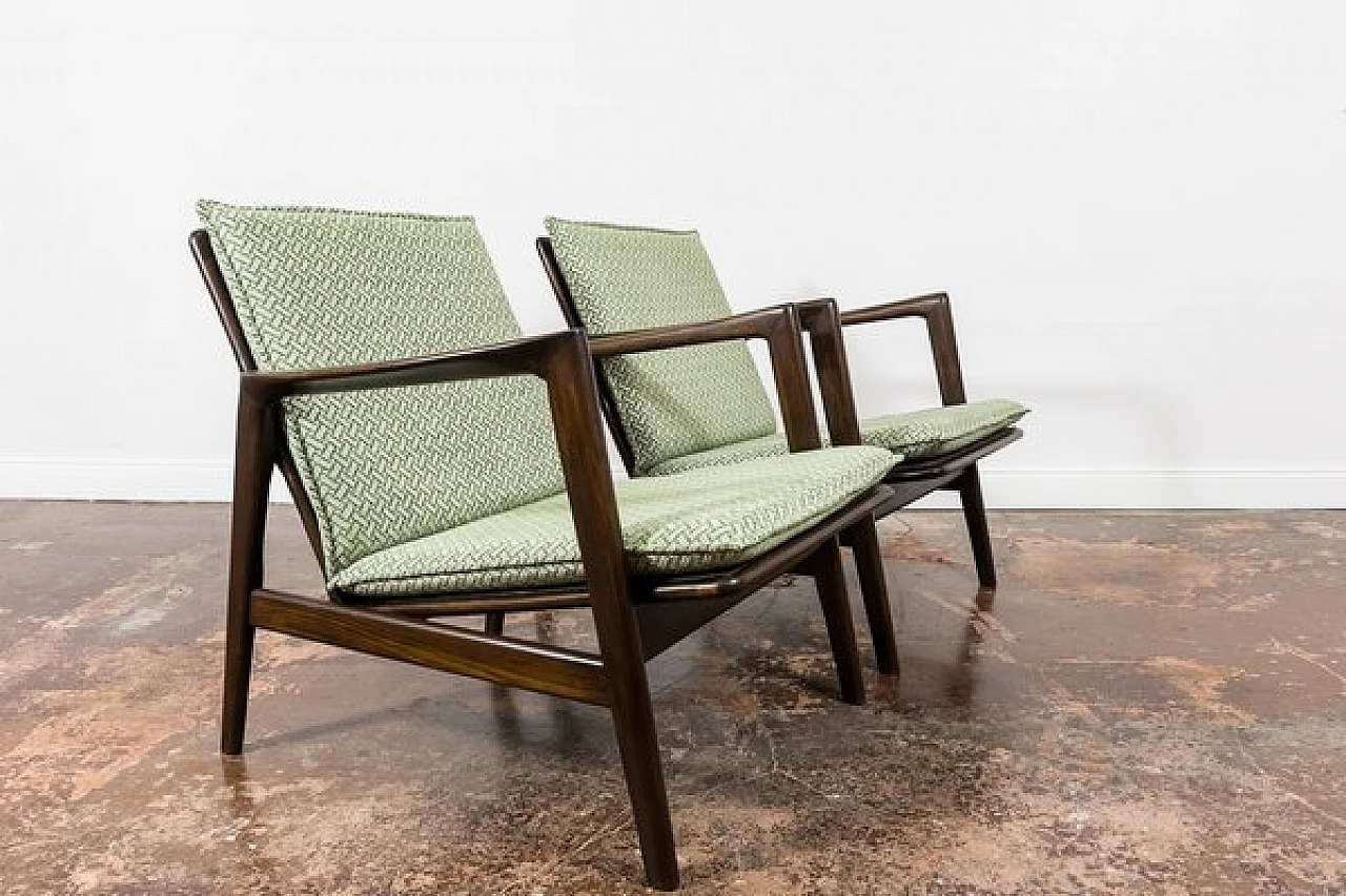 Pair of beech and fabric 300 130 armchairs by SFM, 1960s 6