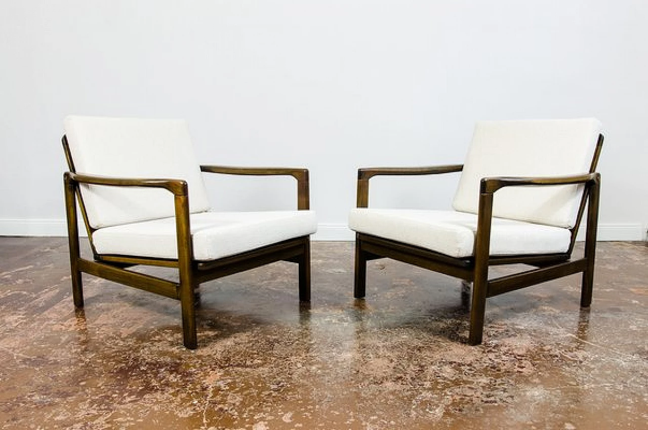 Pair of beech and beige fabric B-7522 armchairs by Zenon Bączyk for SFM, 1960s 9