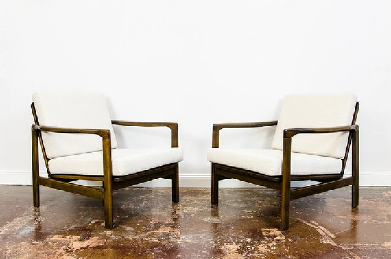 Pair of beech and beige fabric B-7522 armchairs by Zenon Bączyk for SFM, 1960s 10