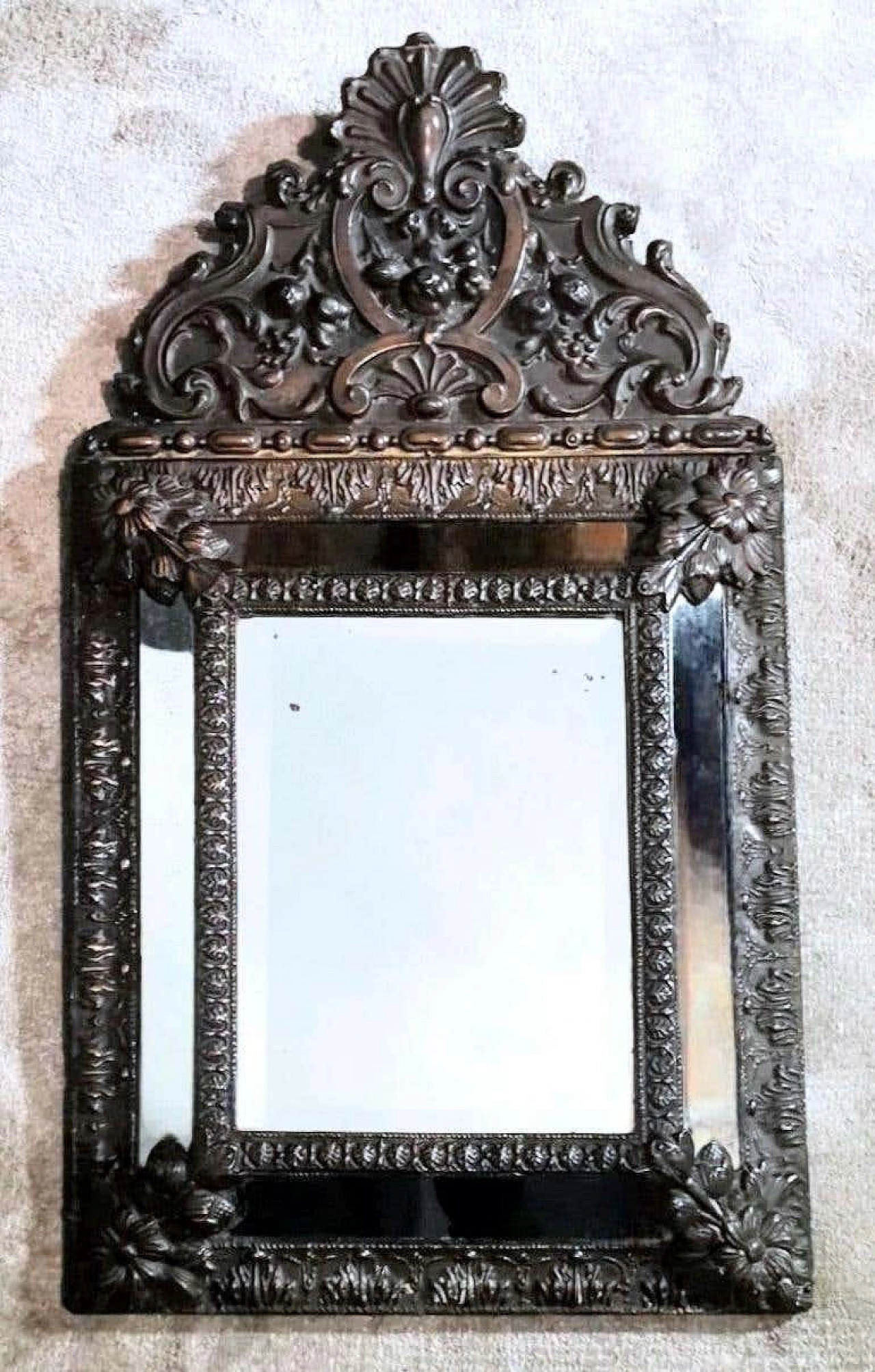 Napoleon III style wall mirror with repoussé work in burnished brass, mid-19th century 2
