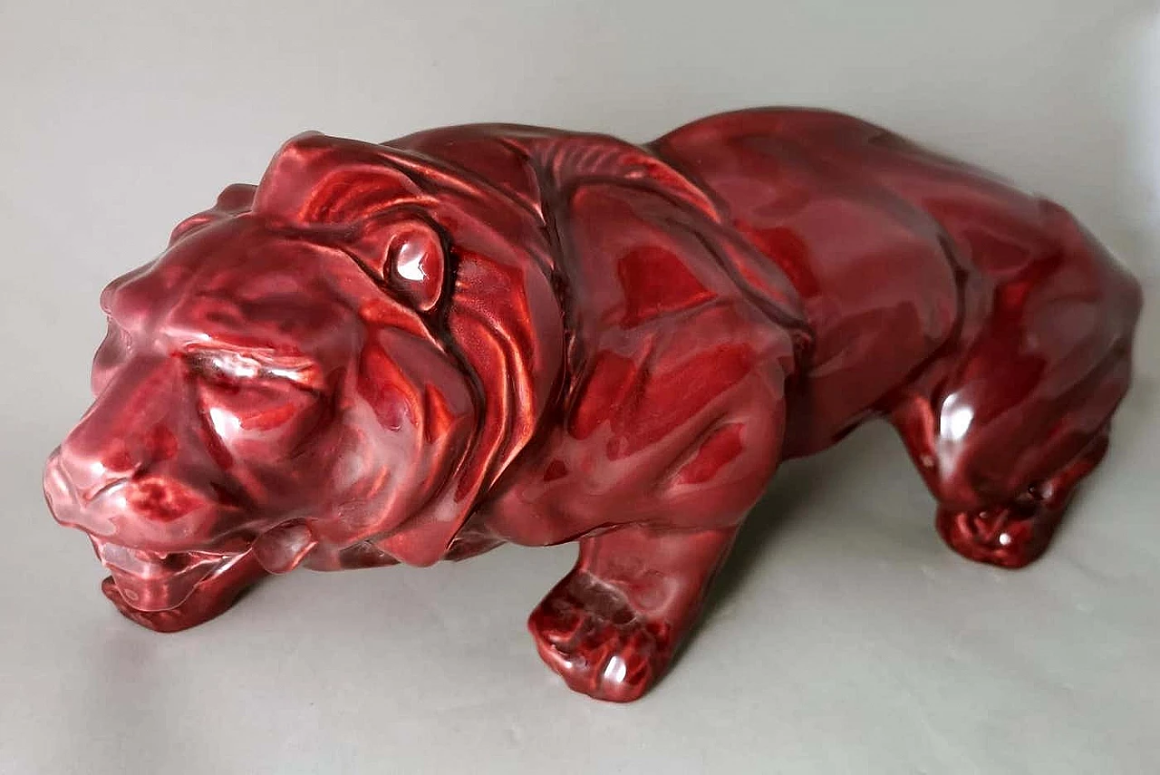 Art Deco red glazed ceramic lion by Saint Clement, 1930s 1