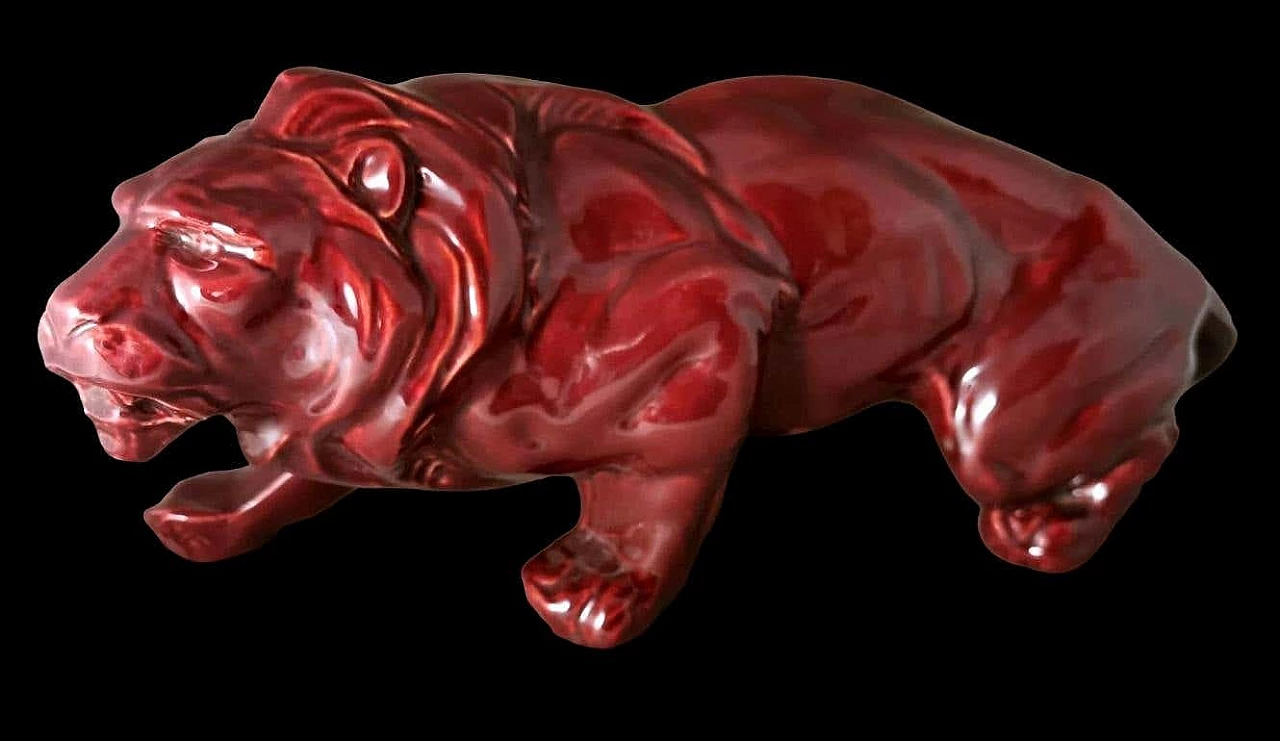 Art Deco red glazed ceramic lion by Saint Clement, 1930s 2