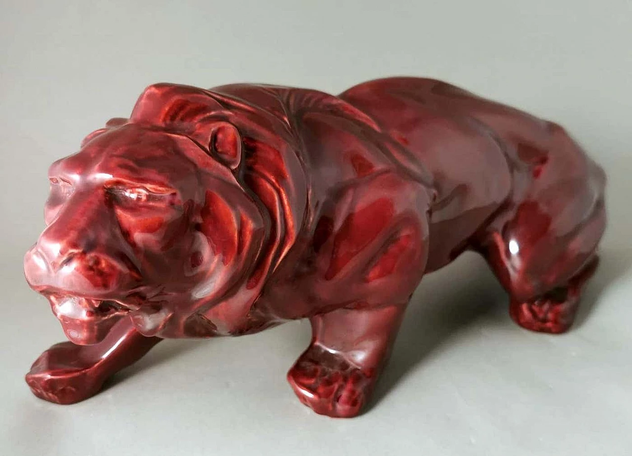 Art Deco red glazed ceramic lion by Saint Clement, 1930s 3
