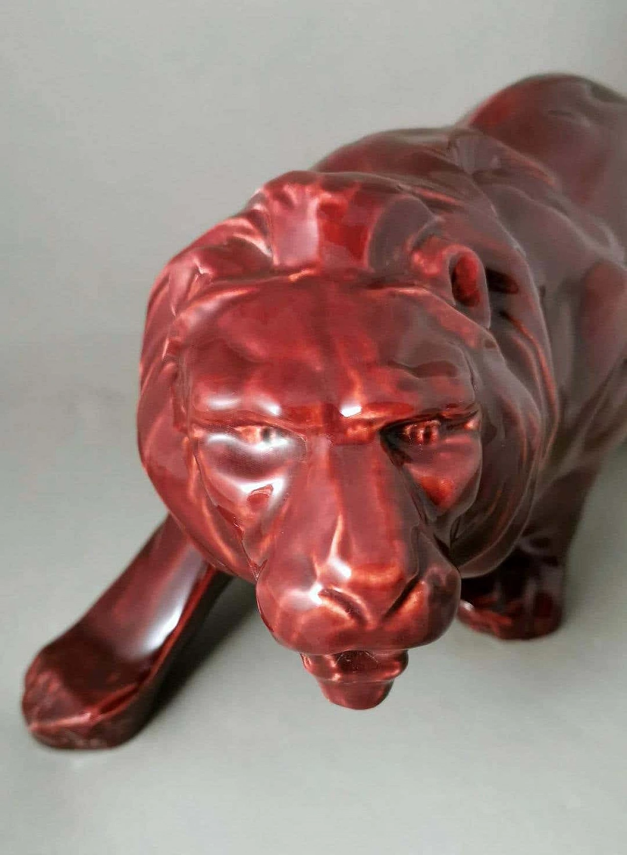 Art Deco red glazed ceramic lion by Saint Clement, 1930s 5