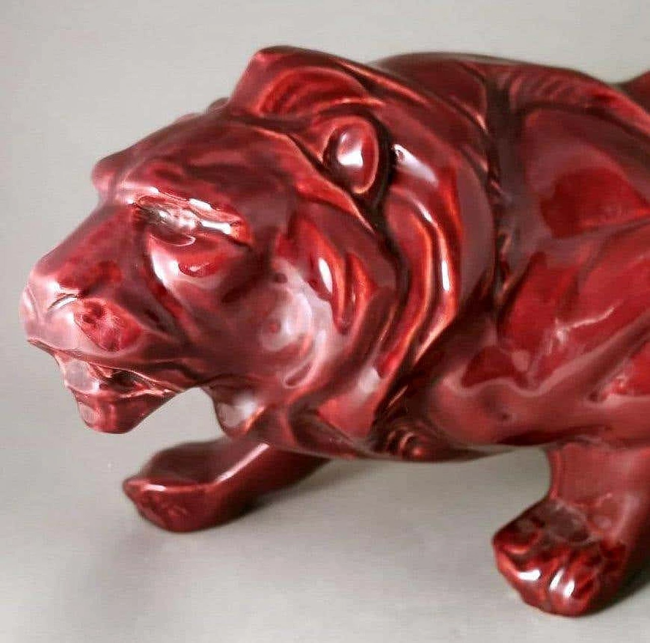 Art Deco red glazed ceramic lion by Saint Clement, 1930s 6