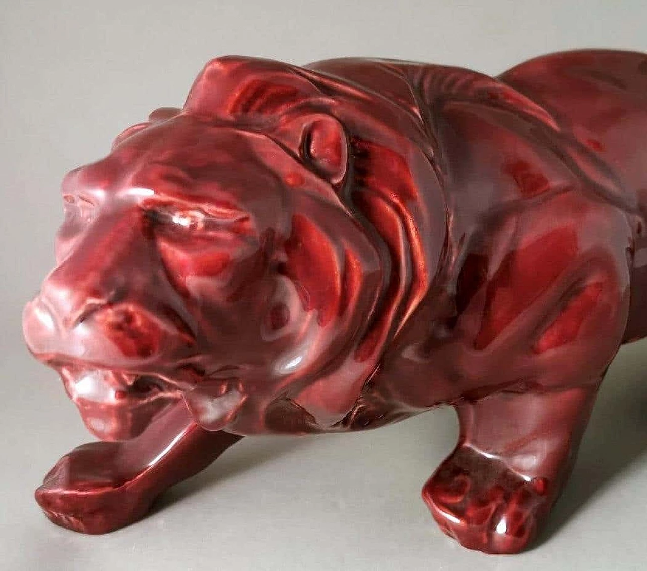 Art Deco red glazed ceramic lion by Saint Clement, 1930s 7
