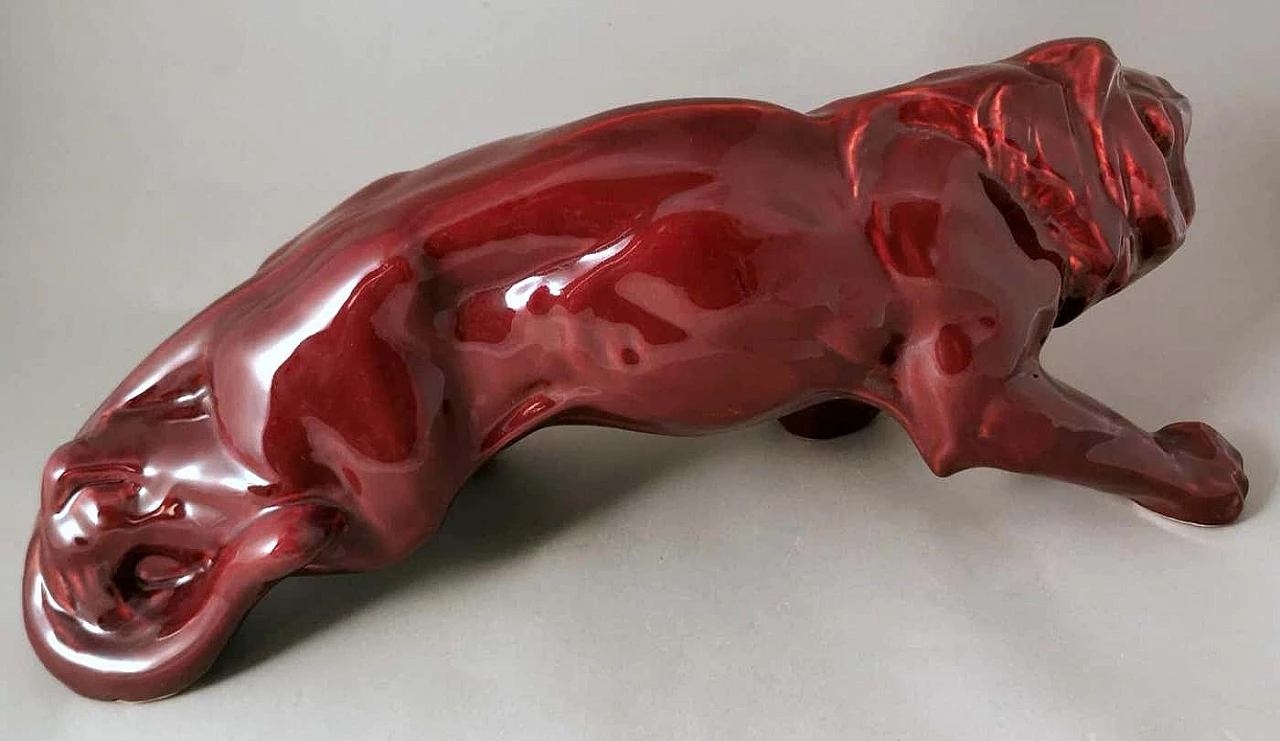 Art Deco red glazed ceramic lion by Saint Clement, 1930s 10