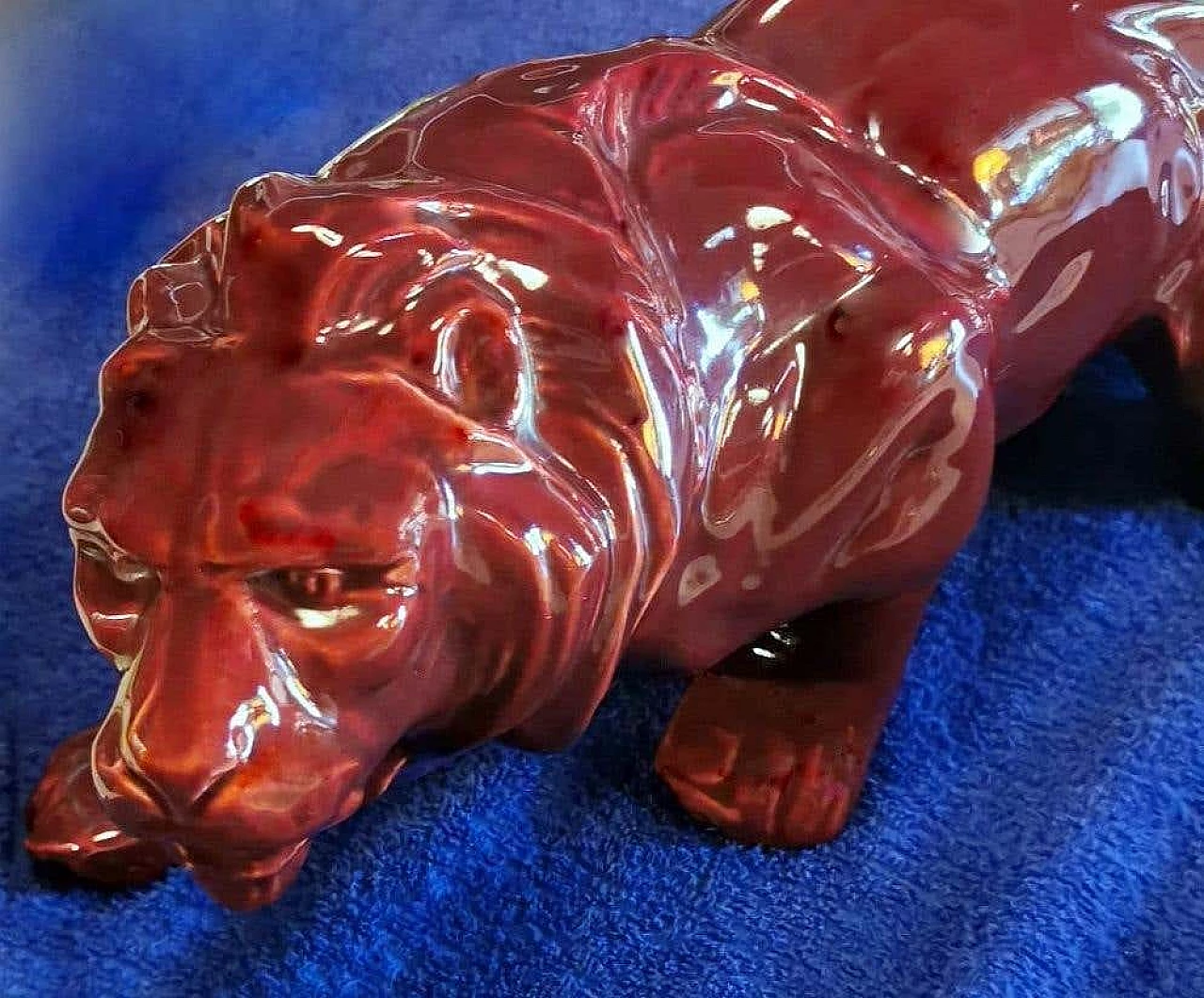 Art Deco red glazed ceramic lion by Saint Clement, 1930s 14