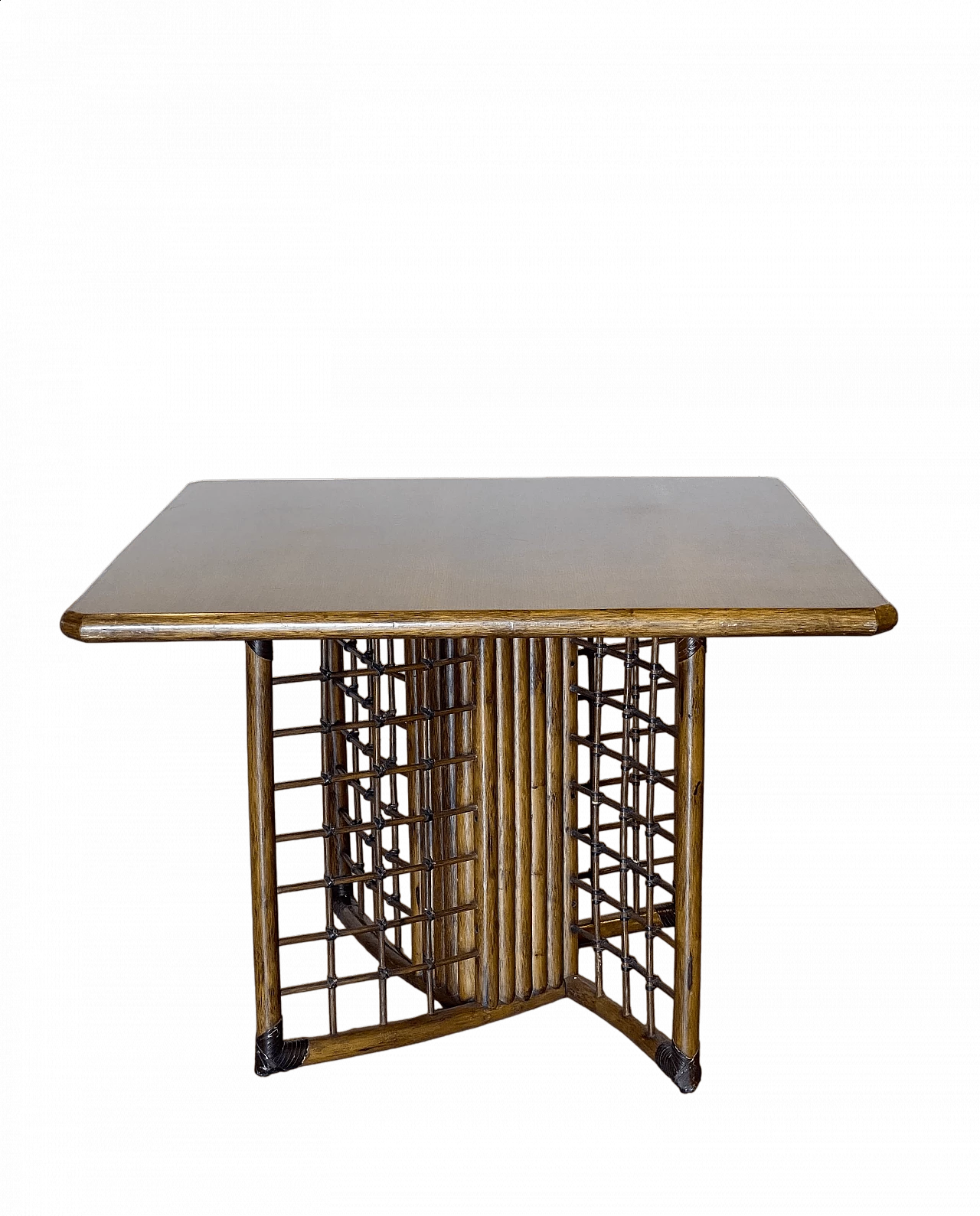 Bamboo and rush table with leather binding, 1970s 10
