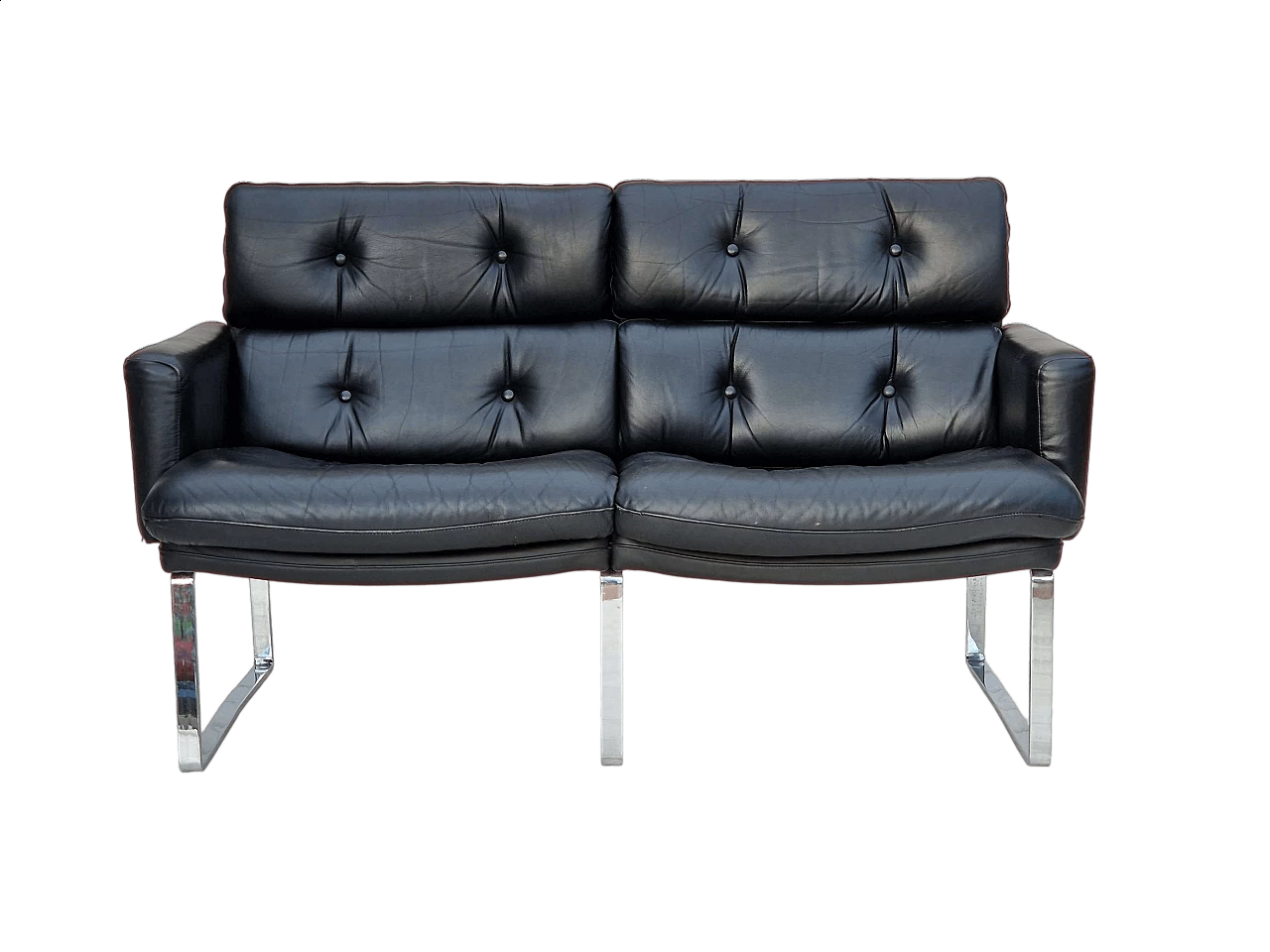 Divano tedesco a due posti in pelle nera e acciaio cromato, anni '70 13