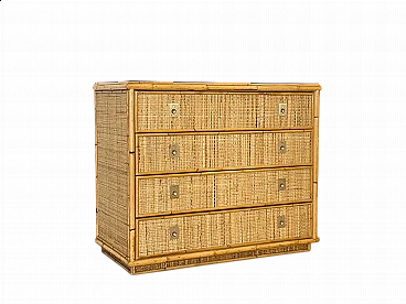 Bamboo and wicker chest of drawers with brass handles in the style of Dal Vera, 1970s