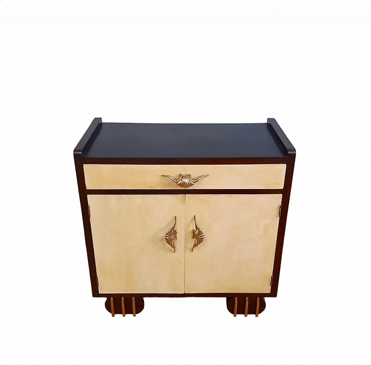 Credenza in legno nero e pergamena di Casa Moderna Genova, anni '40 12