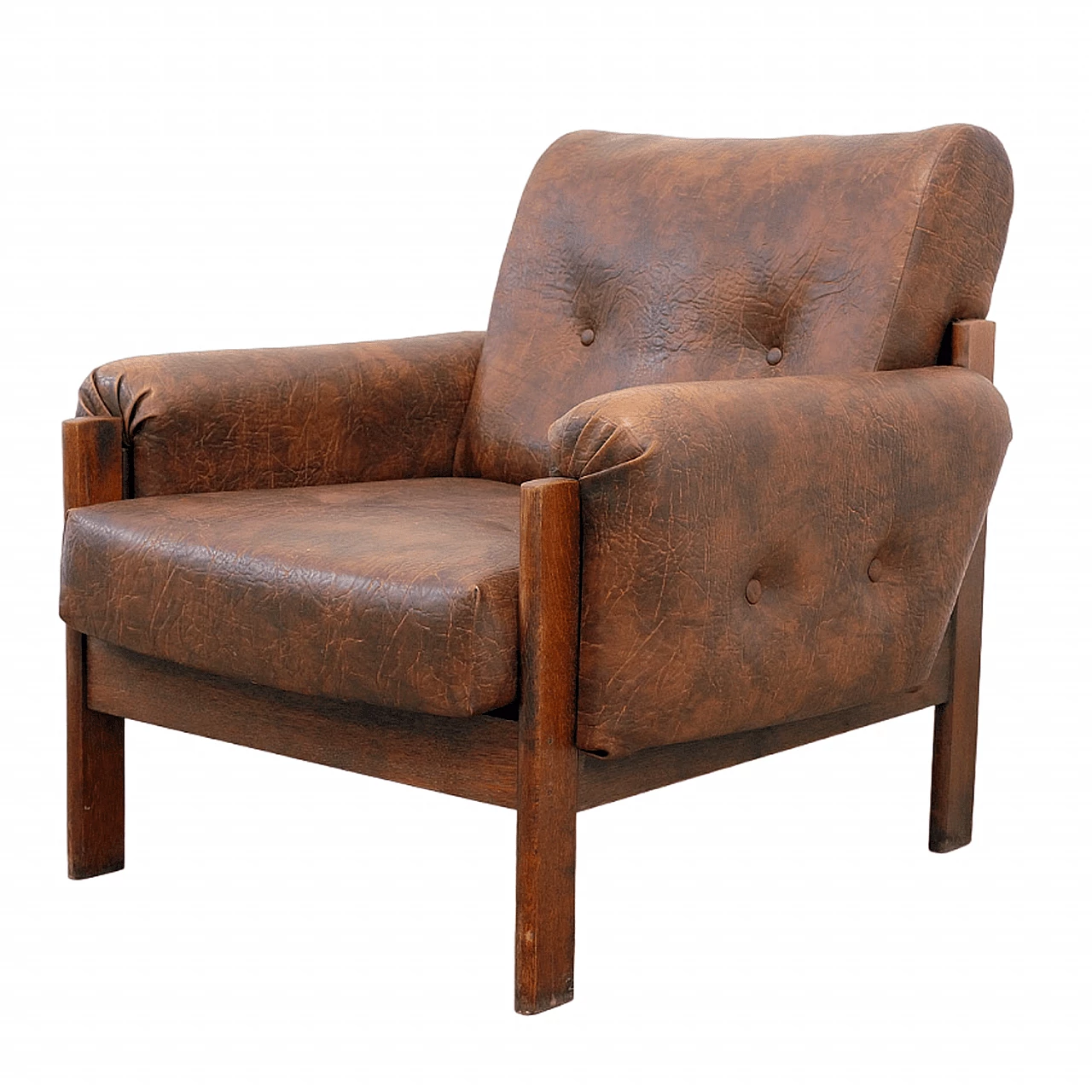 Coppia di poltrone e divano cecoslovacchi in similpelle marrone, anni '70 2