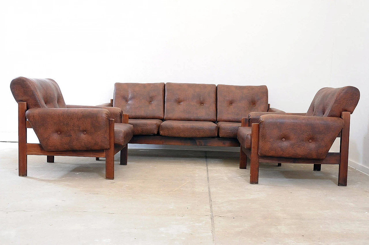 Coppia di poltrone e divano cecoslovacchi in similpelle marrone, anni '70 4