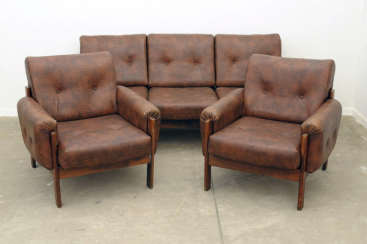 Coppia di poltrone e divano cecoslovacchi in similpelle marrone, anni '70 13