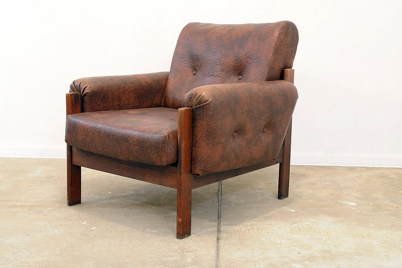 Coppia di poltrone e divano cecoslovacchi in similpelle marrone, anni '70 22