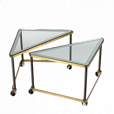 Pair of triangular enameled metal, brass and glass coffee tables, 1980s