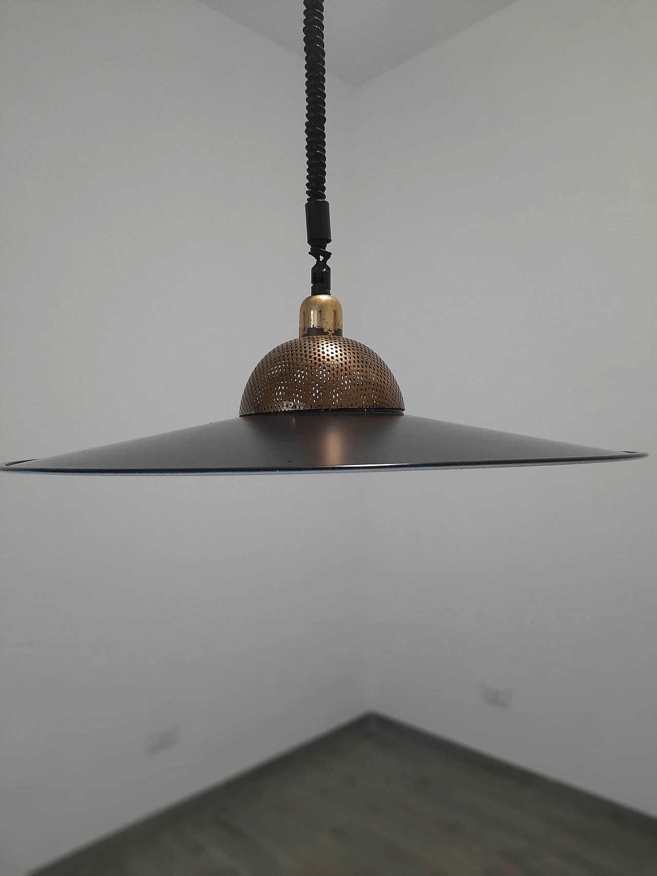Brass and enameled metal hanging lamp, 1950s 1