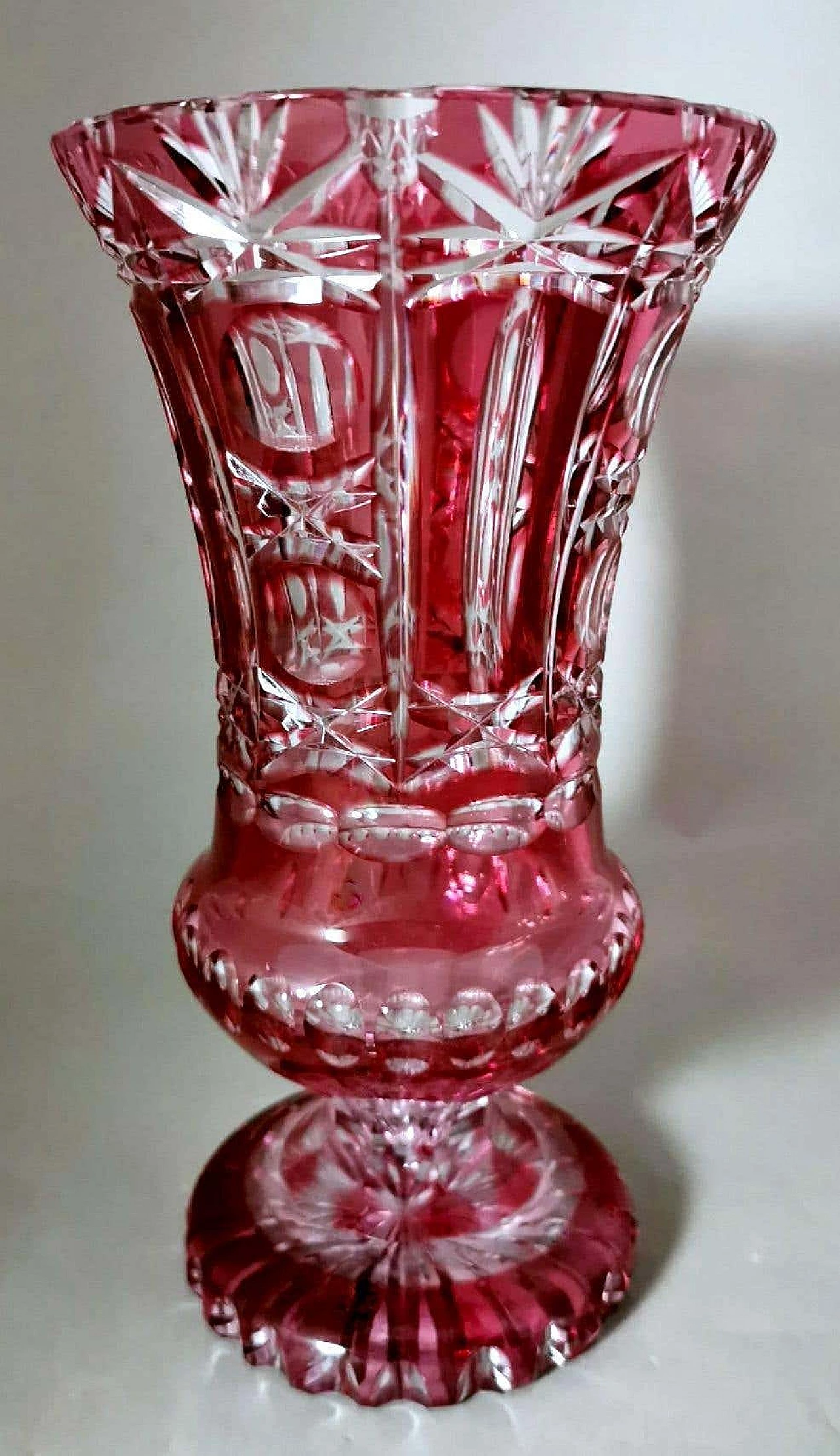 Cut and ground red Bohemia crystal vase in Biedermeier style, 1950s 1