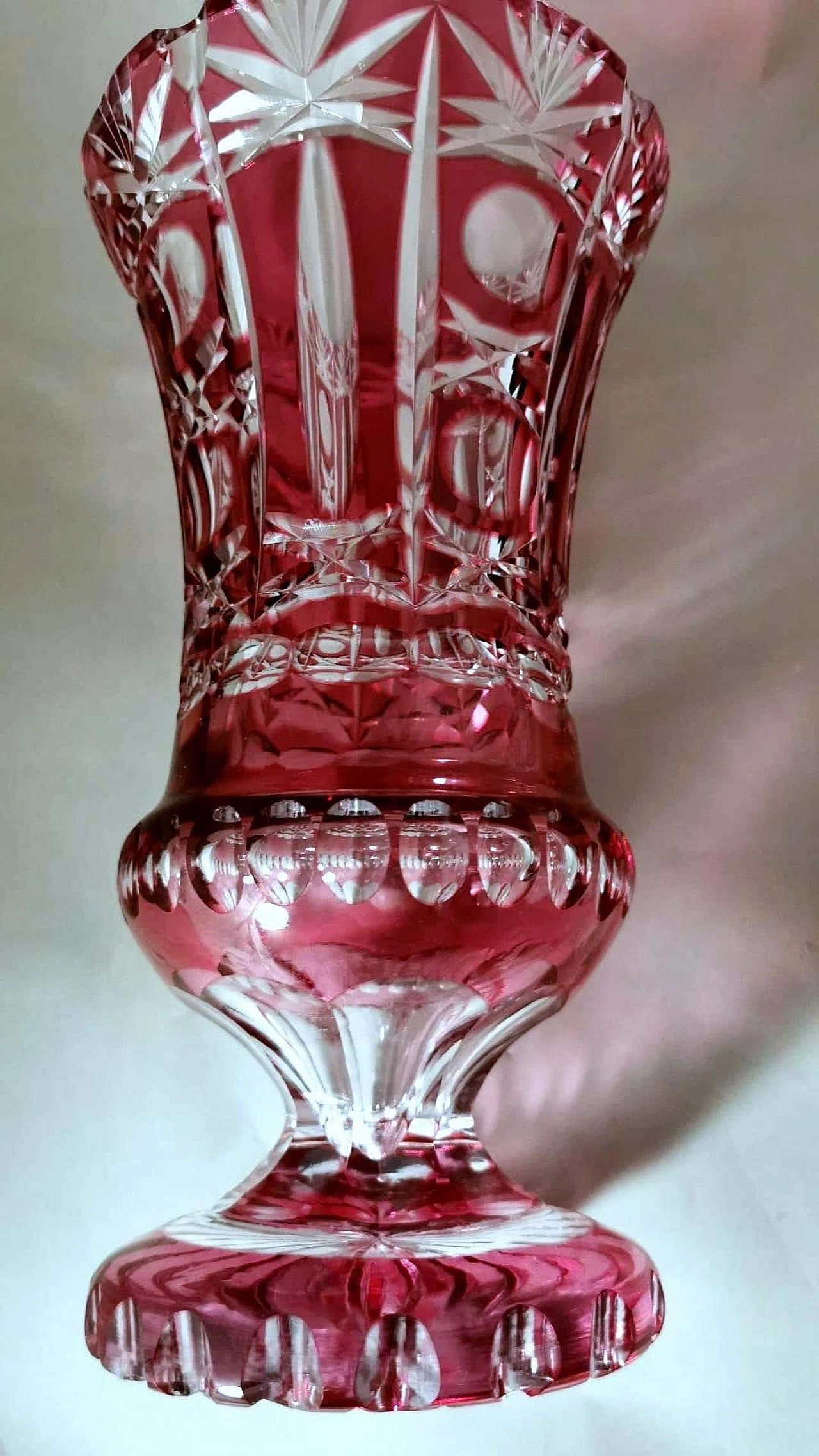 Cut and ground red Bohemia crystal vase in Biedermeier style, 1950s 3