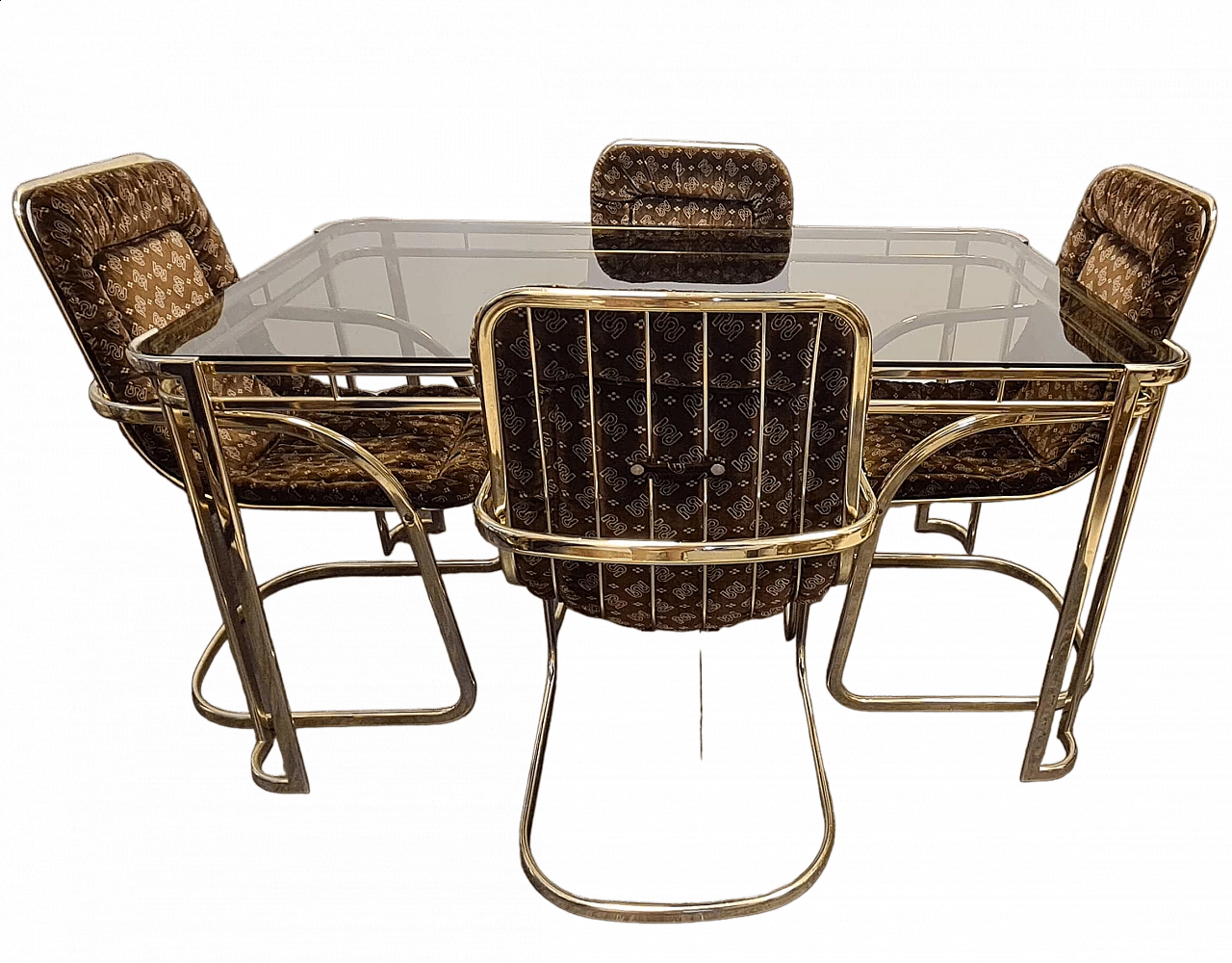 4 Sedie e tavolo in metallo dorato di Morex, anni '70 12