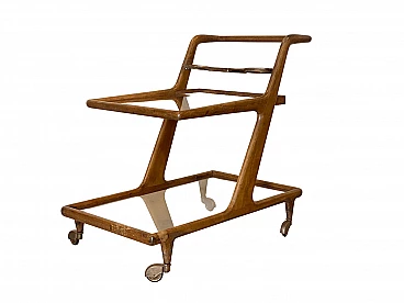 Beech and glass bar cart with metal bottle holder, 1960s