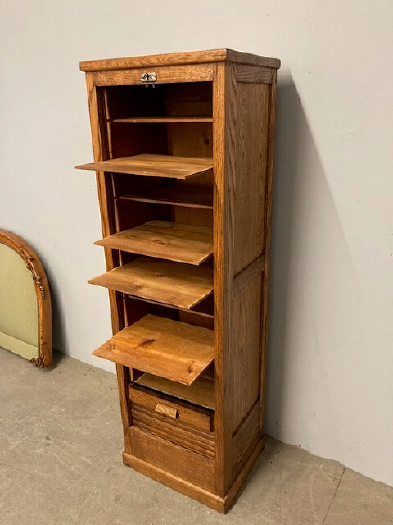 Art Deco oak filing cabinet with shutter, 1940s 3