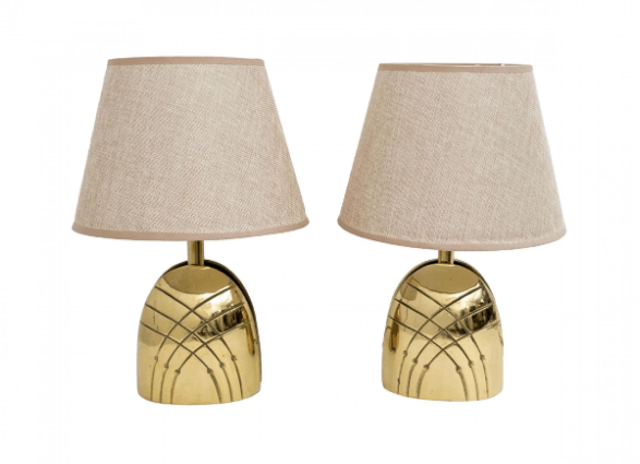 Pair of brass table lamps with fabric lampshade, 1970s 1