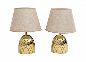 Pair of brass table lamps with fabric lampshade, 1970s