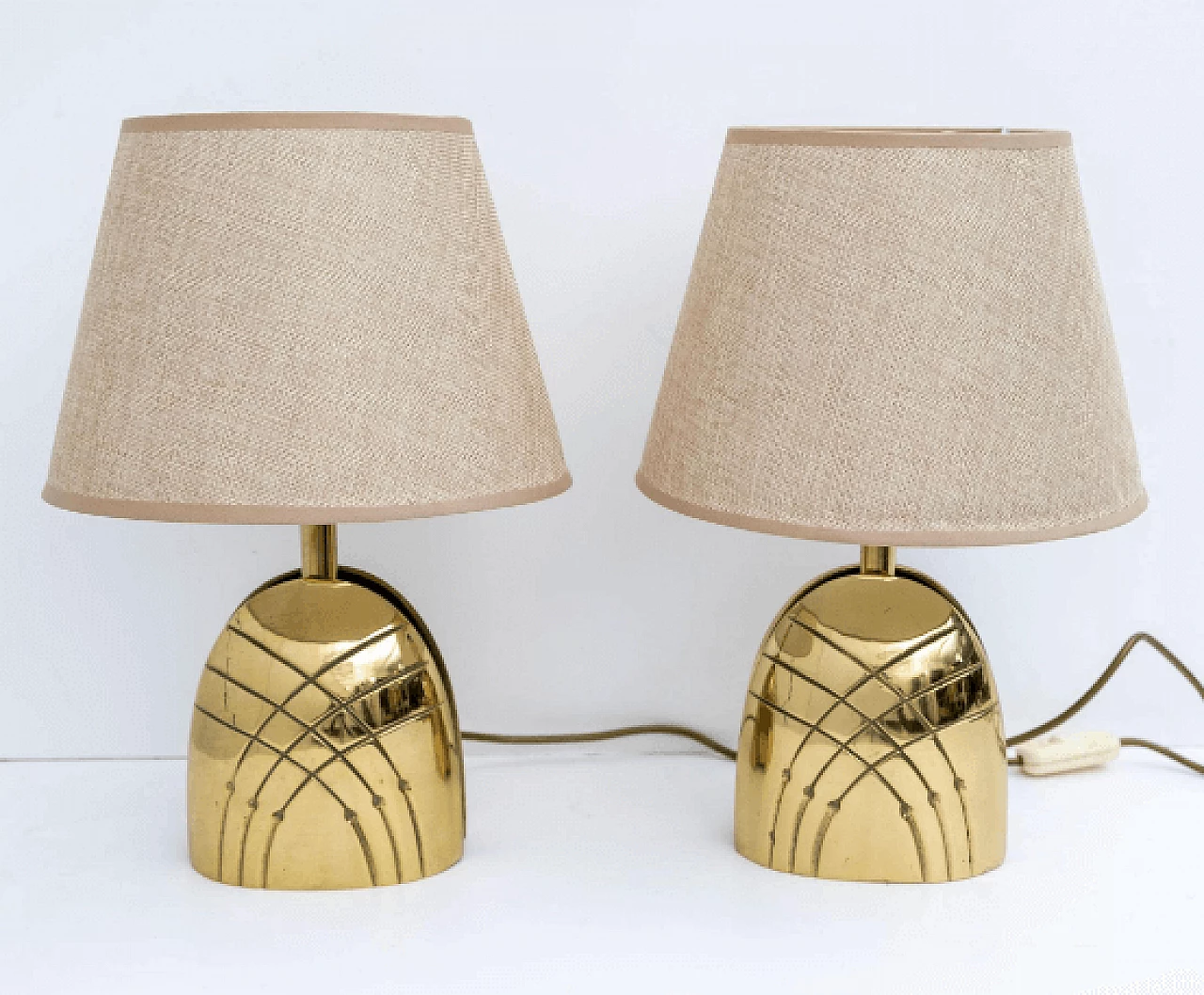Coppia di lampade da tavolo in ottone con paralume in tessuto, anni '70 2