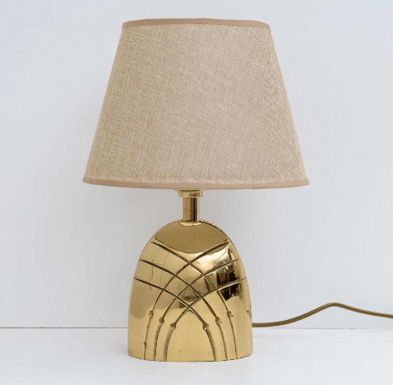 Coppia di lampade da tavolo in ottone con paralume in tessuto, anni '70 3