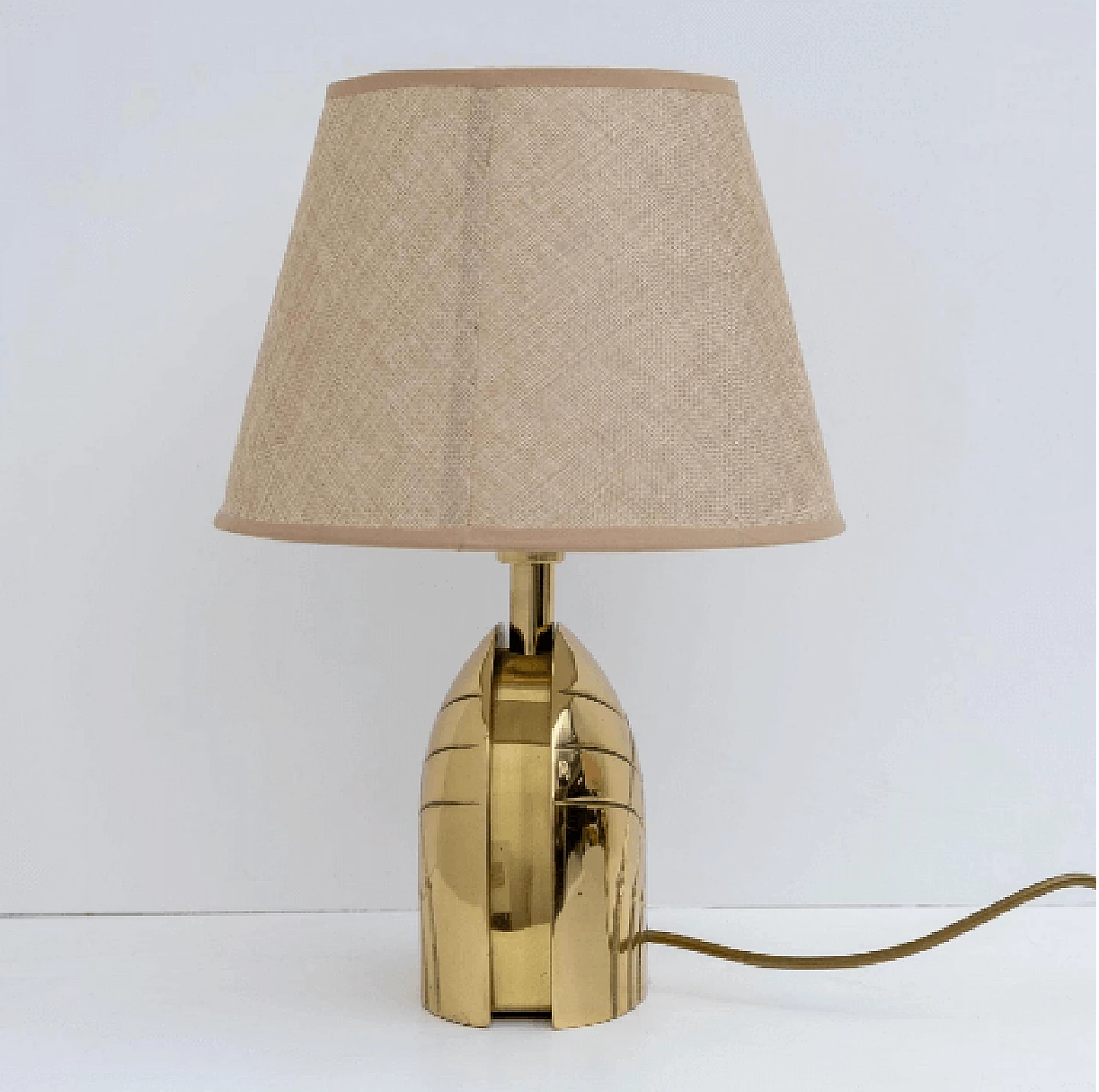 Pair of brass table lamps with fabric lampshade, 1970s 4
