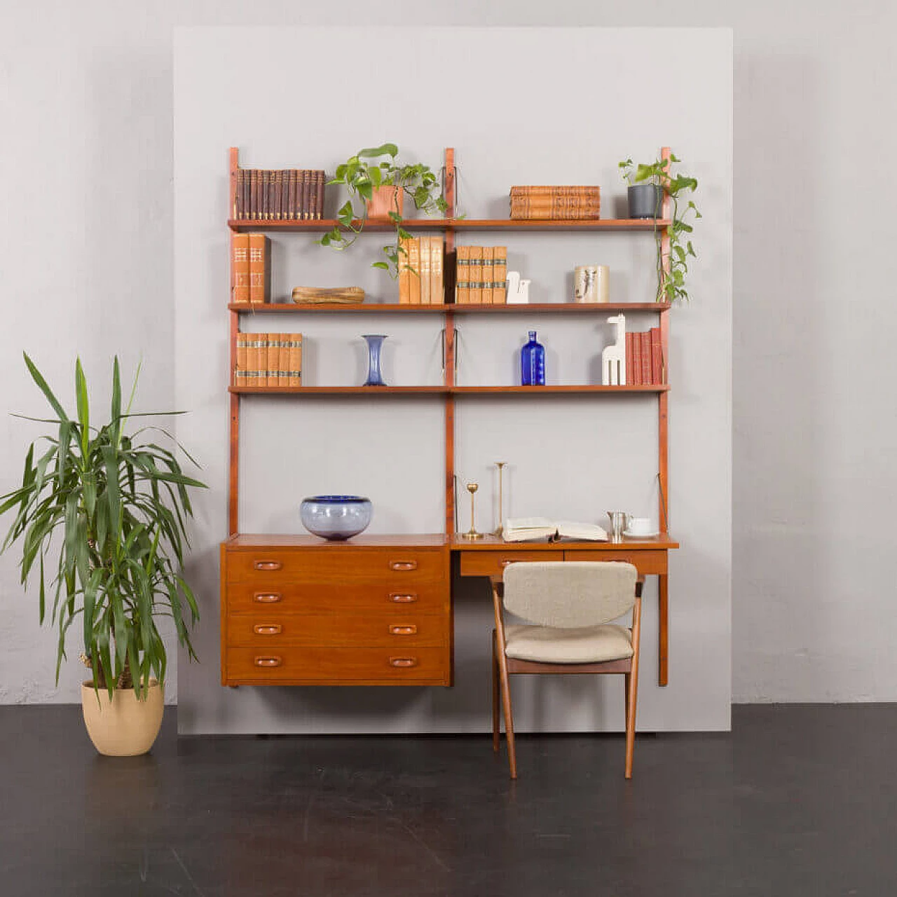 Danish teak wall-mounted bookcase with desk and drawer unit by Preben Sorensen for PS Systems, 1960s 1